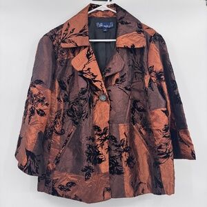 Susan Graver Style Blazer Women 1X Brown 3/4 Sleeve Velour Floral Shiny Evening